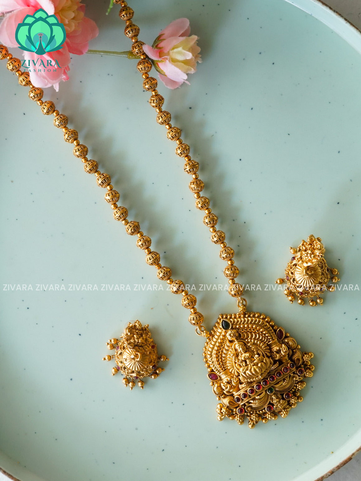 VISHALI GOLD BALL AND TEMPLE PENDANT BALL CHAIN - Traditional NORMAL MATTE polish MIDCHEST haaram/neckwear with earrings- Zivara Fashion