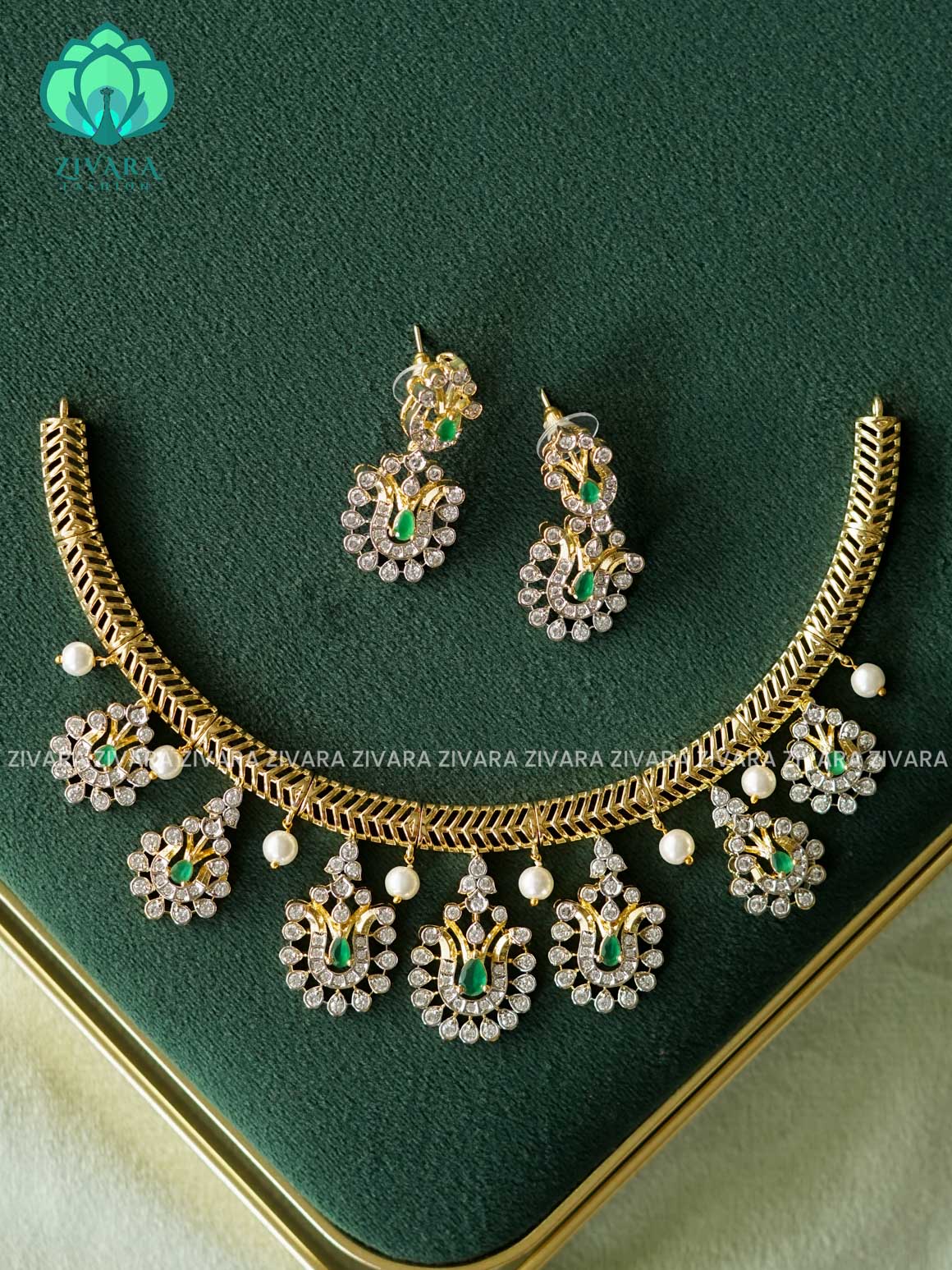 GREEN - AD FLEXIBLE CHAIN  MICROGOLD POLISH ATTIGAI WITH EARRING - Zivara Fashion- latest jewellery design