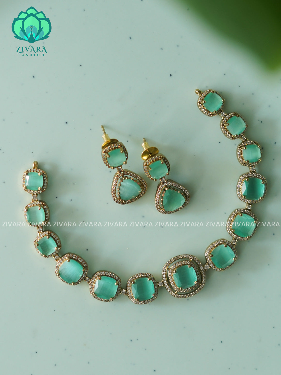 PASTEL GREEN Stone square  - GOLD POLISH stylish and minimal elegant neckwear with earrings- Zivara Fashion