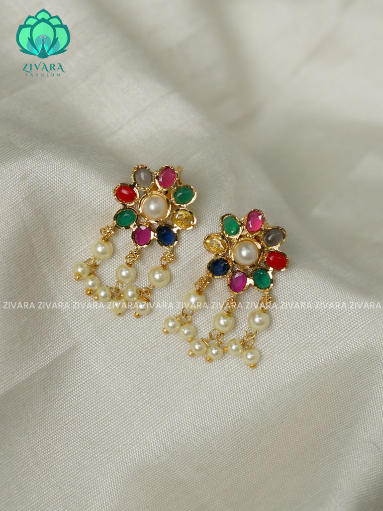 Bright gold navaratna studs- TRADITIONAL PREMIUM MATTE  polish STUDS- latest jewellery collection- zivara fashion