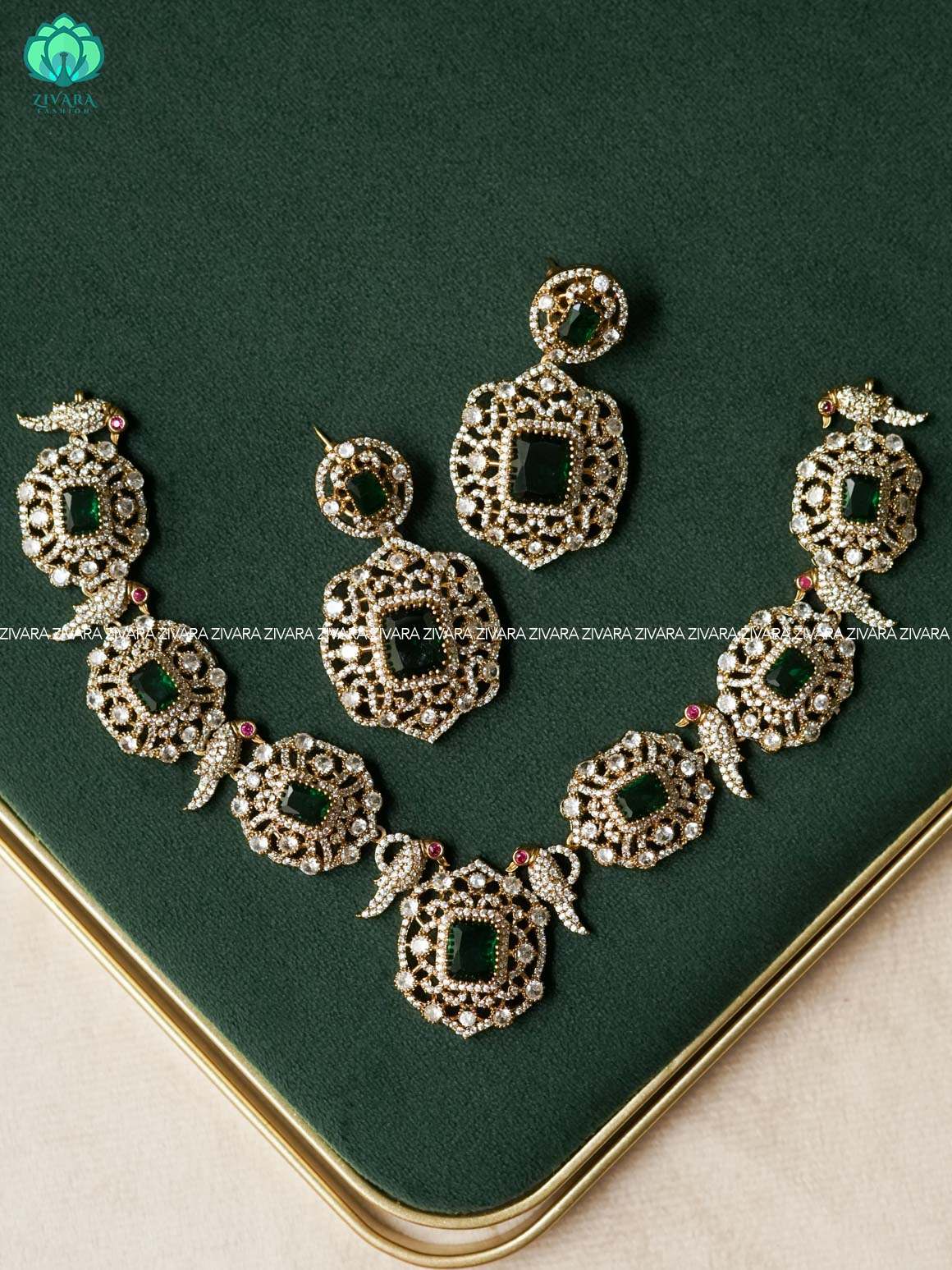 AKSHAYAM - BRIDAL GREEN STONE PEACOCK NECKWEAR  - TRADITIONAL CHOKER COLLECTION WITH EARRINGS- LATEST JEWELLERY COLLECTION