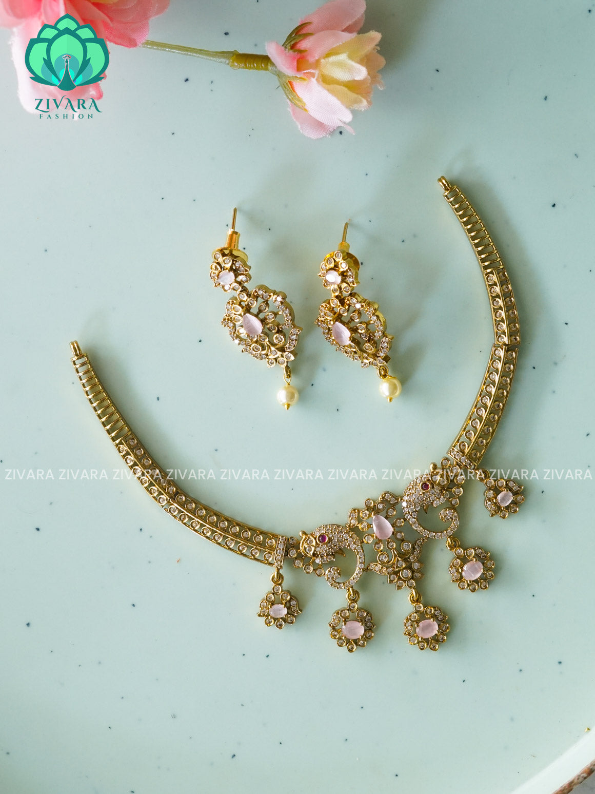 PINK  SIMPLE HASLI  -PREMIUM SUBTLE GOLD FINISH  stylish and minimal elegant neckwear with earrings- Zivara Fashion