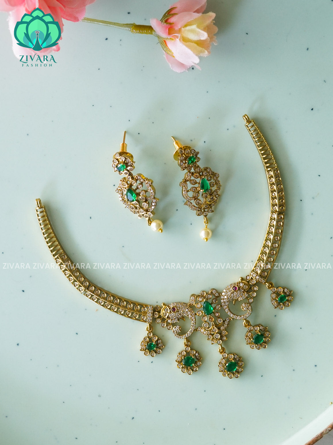GREEN SIMPLE HASLI  -PREMIUM SUBTLE GOLD FINISH  stylish and minimal elegant neckwear with earrings- Zivara Fashion