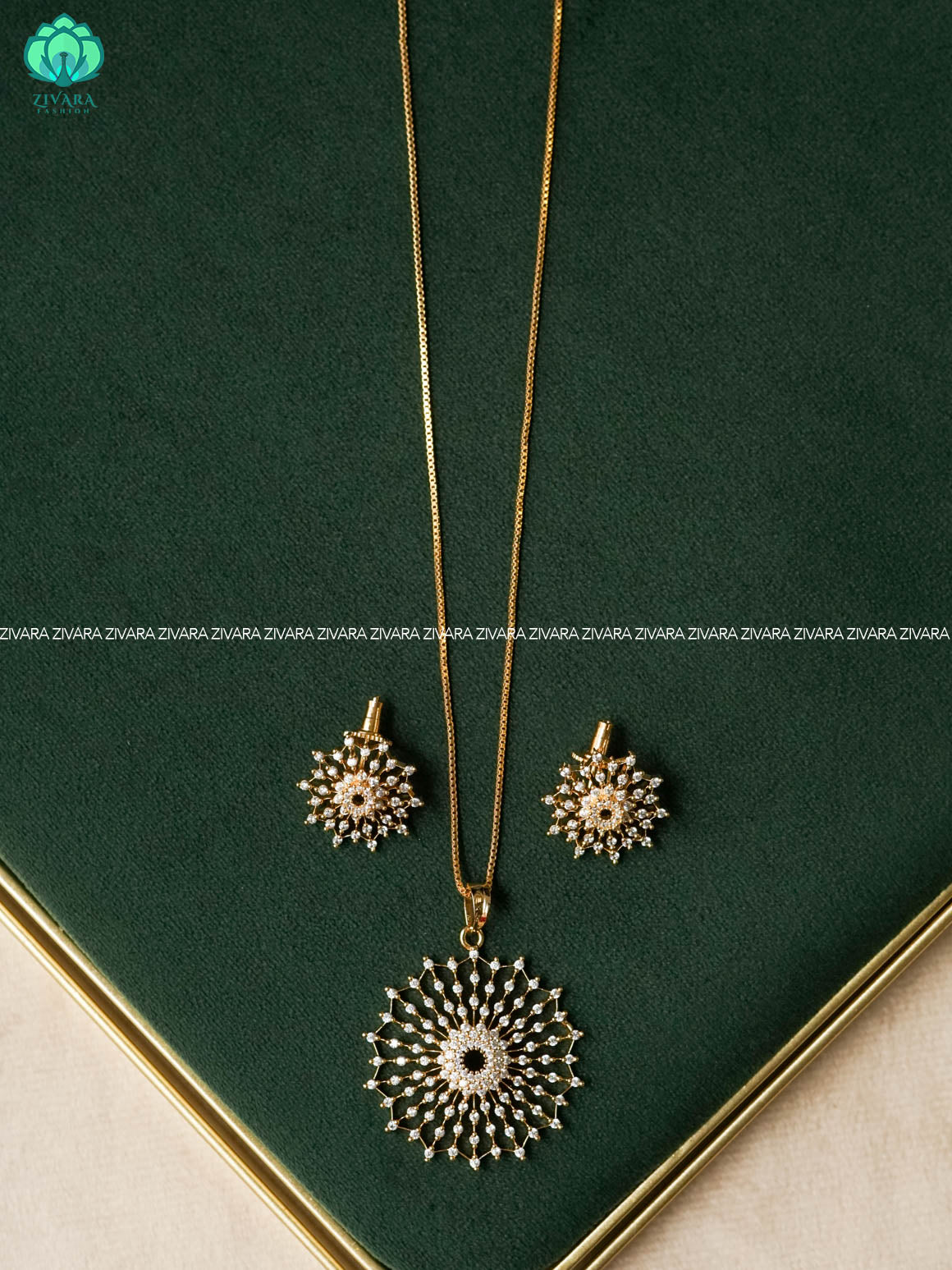 Zyra- Diamond replica Rhodium with gold polish-pendant set with earrings  -Trending office wear jewellery-Zivara fashion