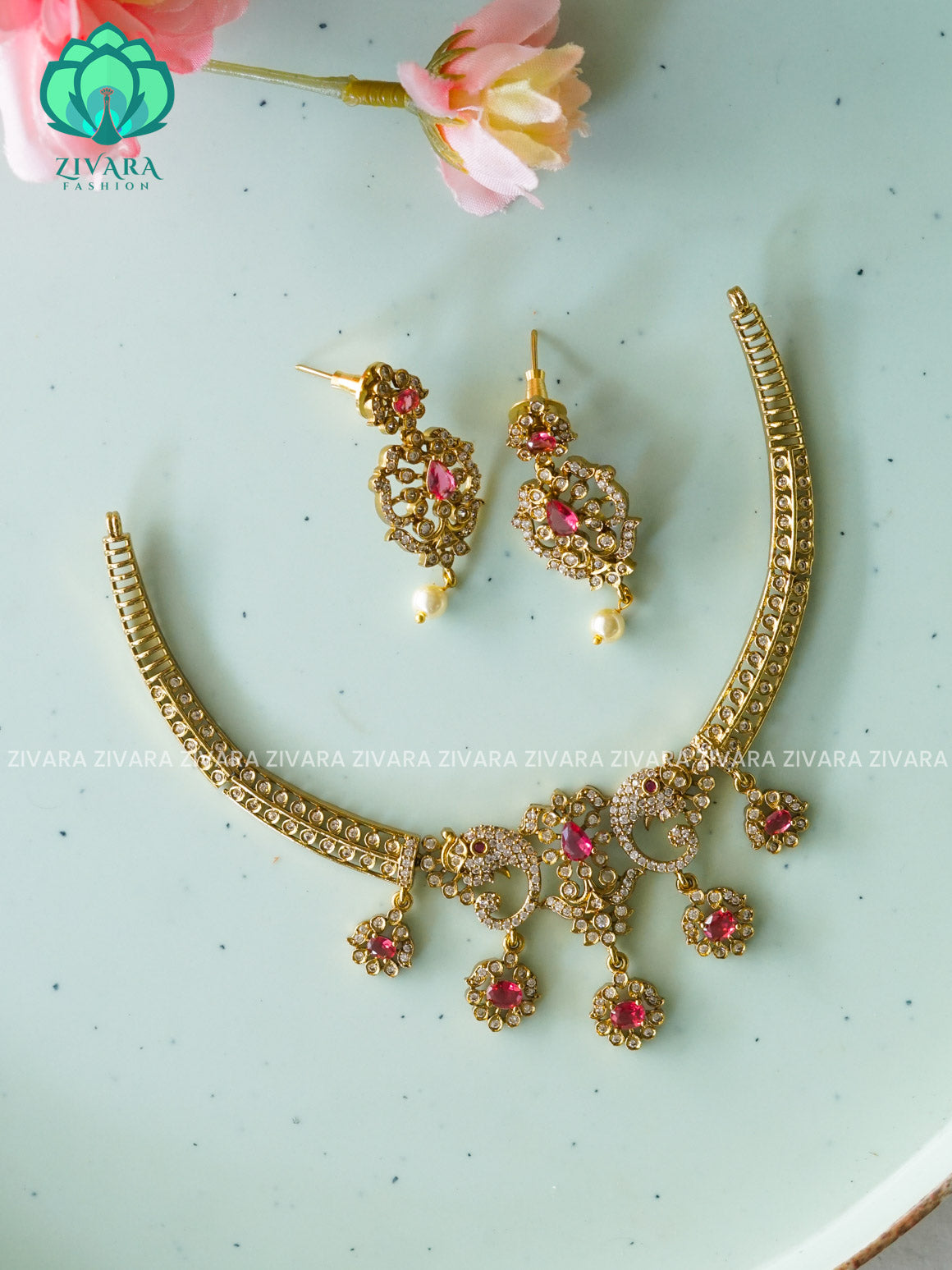 RUBY SIMPLE HASLI  -PREMIUM SUBTLE GOLD FINISH  stylish and minimal elegant neckwear with earrings- Zivara Fashion