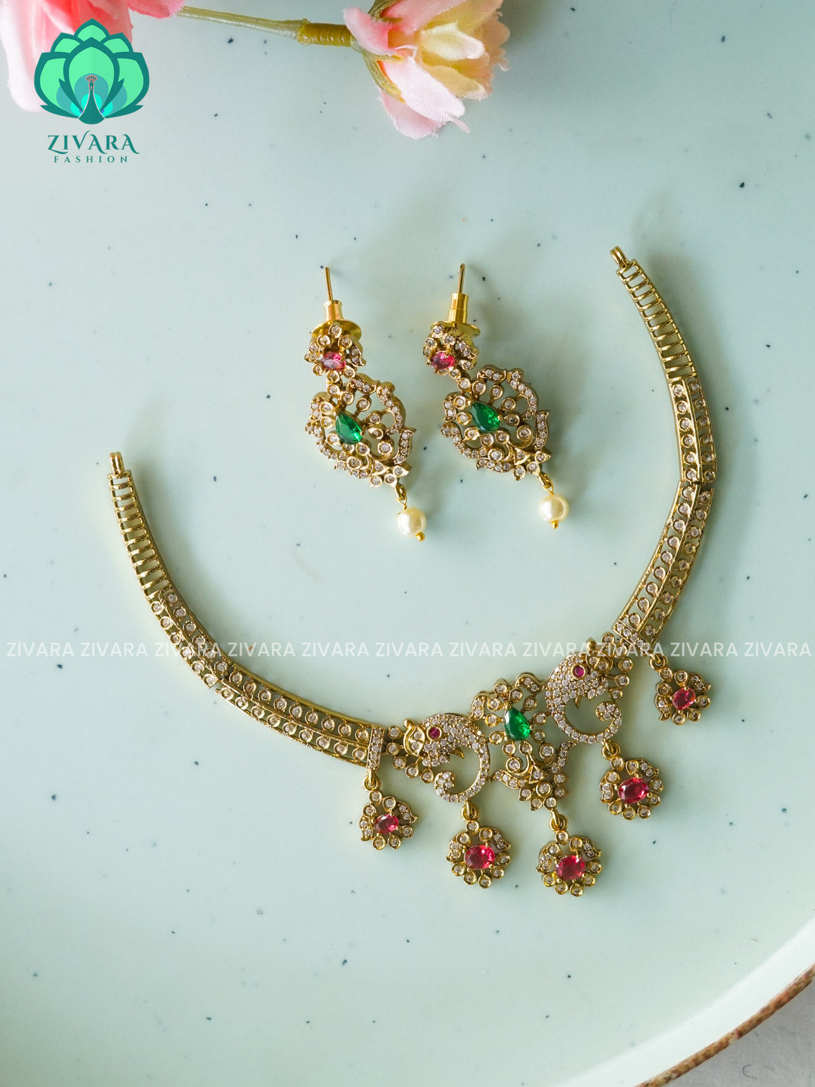 RUBY GREEN SIMPLE HASLI  -PREMIUM SUBTLE GOLD FINISH  stylish and minimal elegant neckwear with earrings- Zivara Fashion