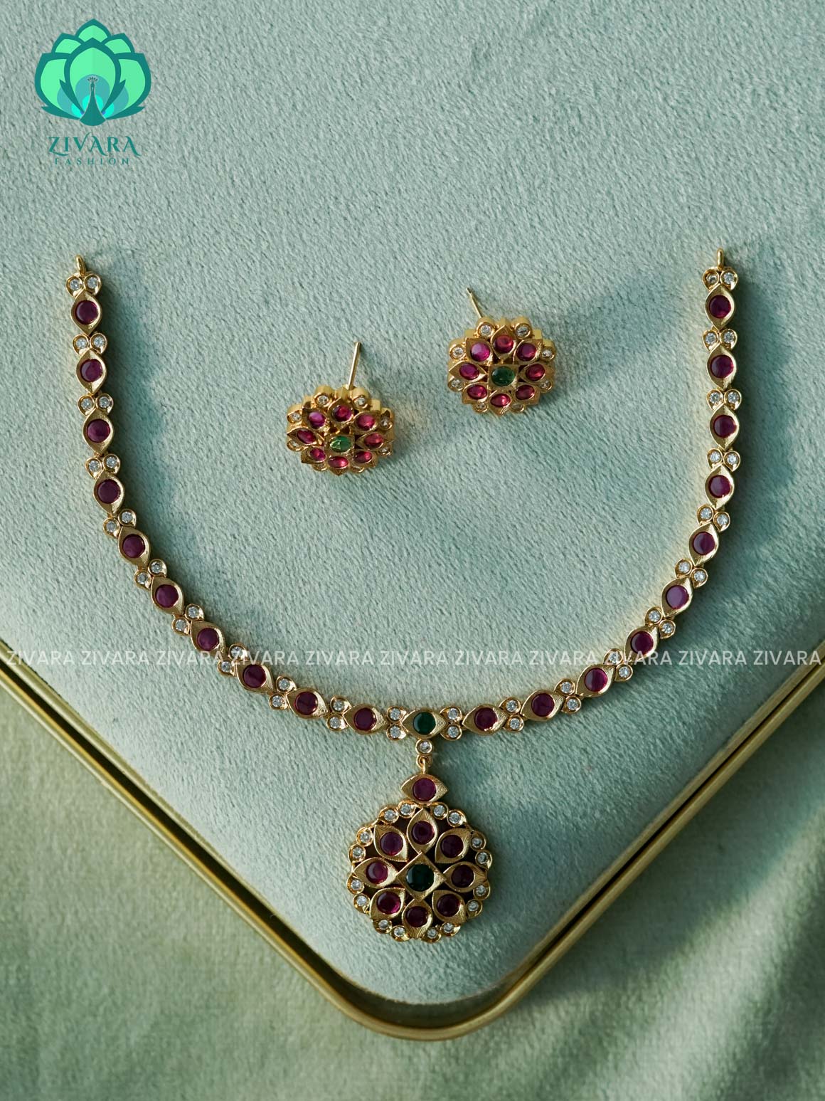 REAL KEMP PENDANT-Traditional south indian premium neckwear with earrings- Zivara Fashion- latest jewellery design