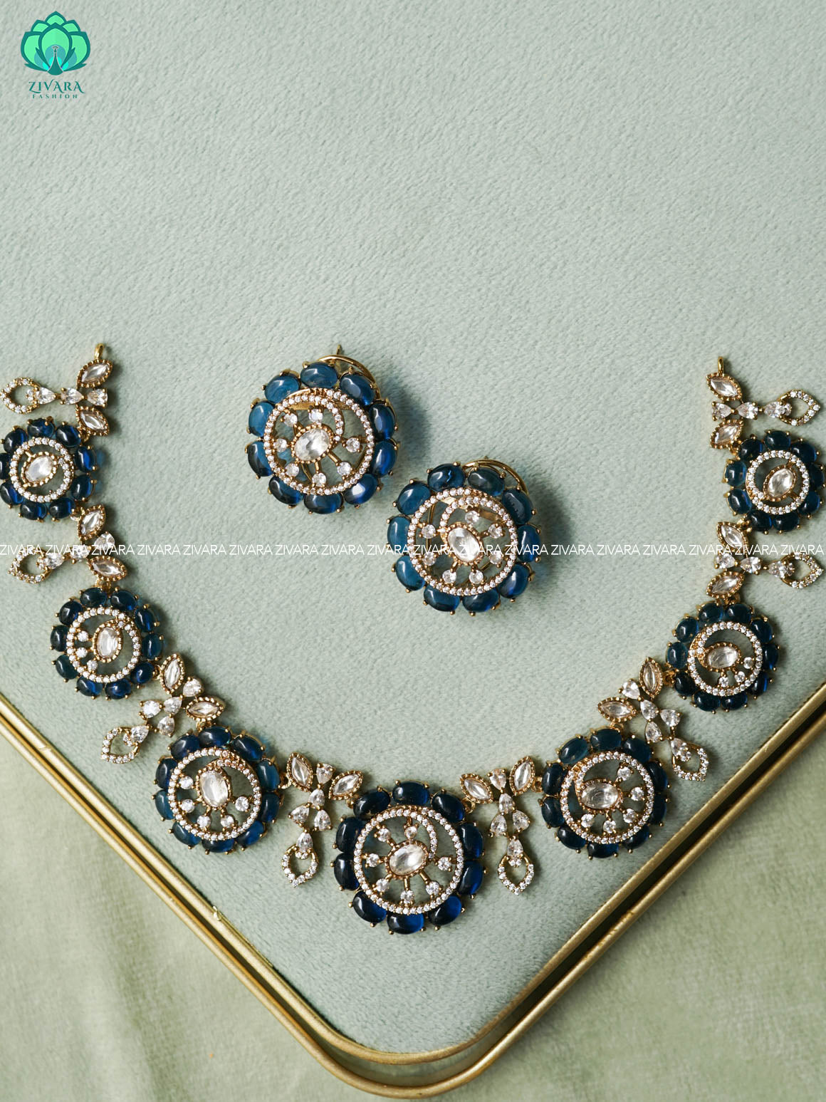 AKSHAYAM -DARK BLUE ROUND BUTTA  NECKLACE-Traditional south indian premium neckwear with earrings- Zivara Fashion- latest jewellery design