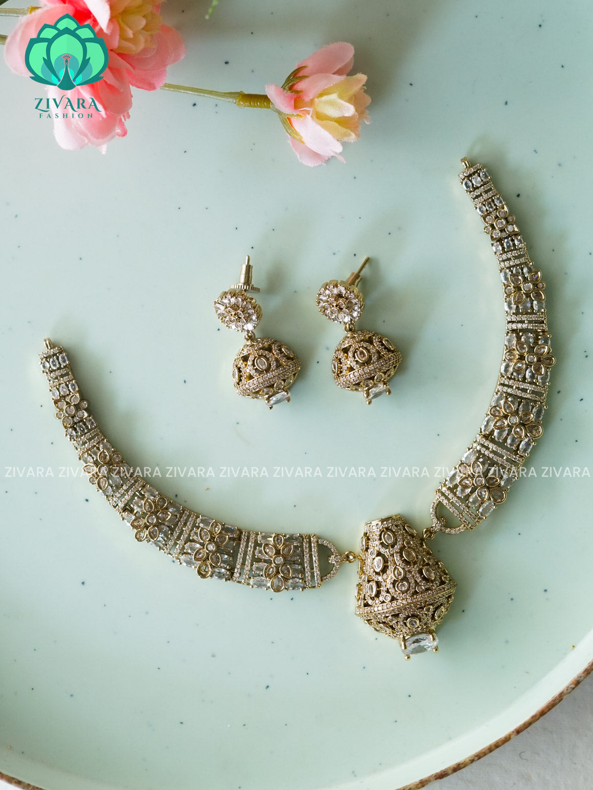 GRAND BRIDAL HASLI  -PREMIUM SUBTLE GOLD FINISH  stylish and minimal elegant neckwear with earrings- Zivara Fashion