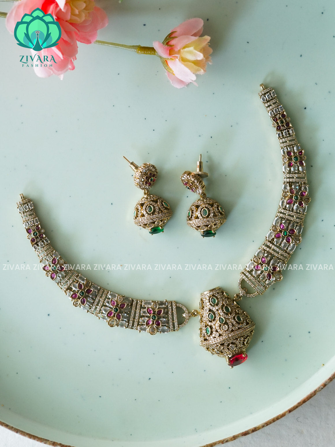 GRAND BRIDAL HASLI  -PREMIUM SUBTLE GOLD FINISH  stylish and minimal elegant neckwear with earrings- Zivara Fashion