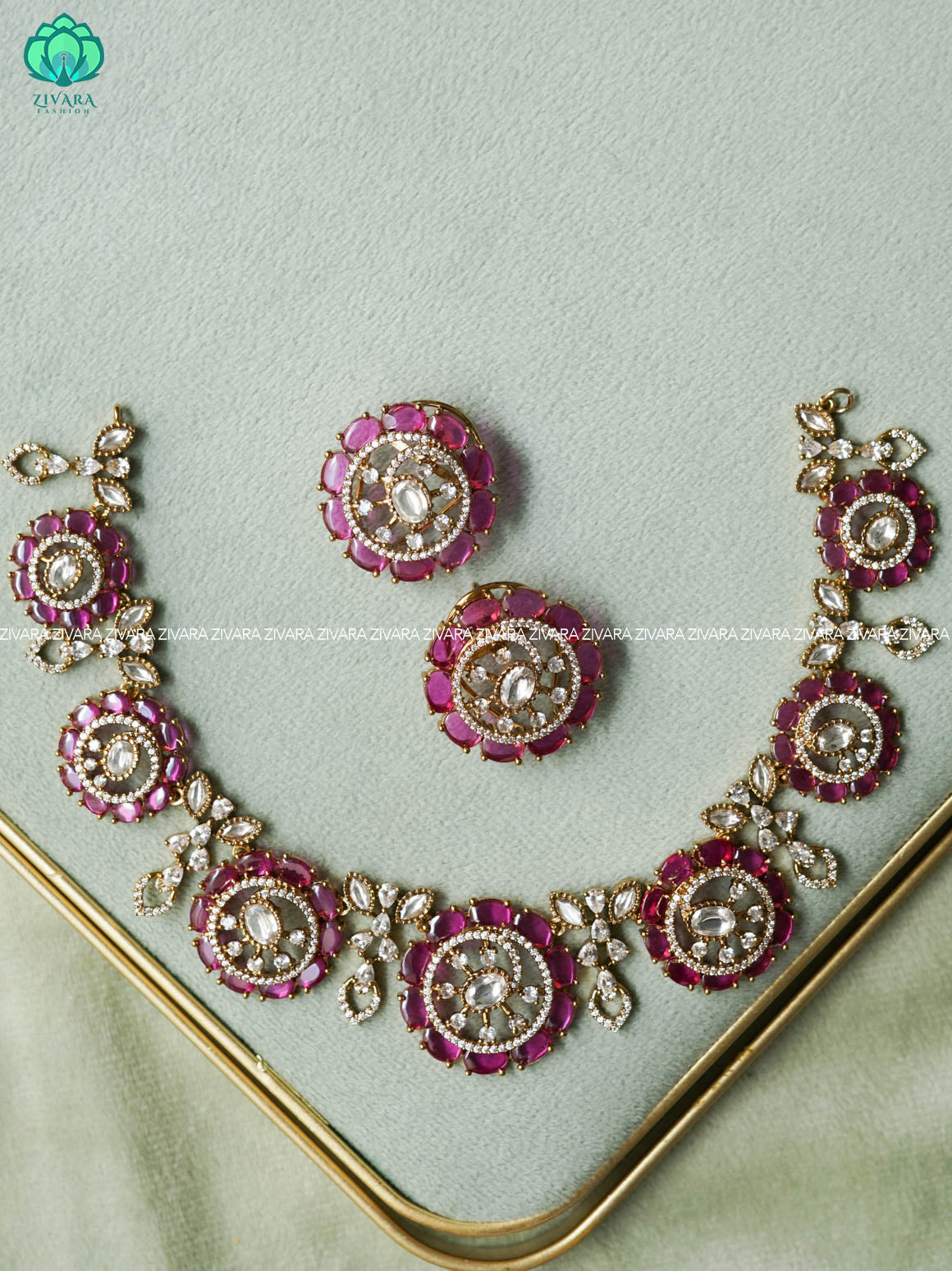 AKSHAYAM -RUBY STONE  ROUND BUTTA  NECKLACE-Traditional south indian premium neckwear with earrings- Zivara Fashion- latest jewellery design