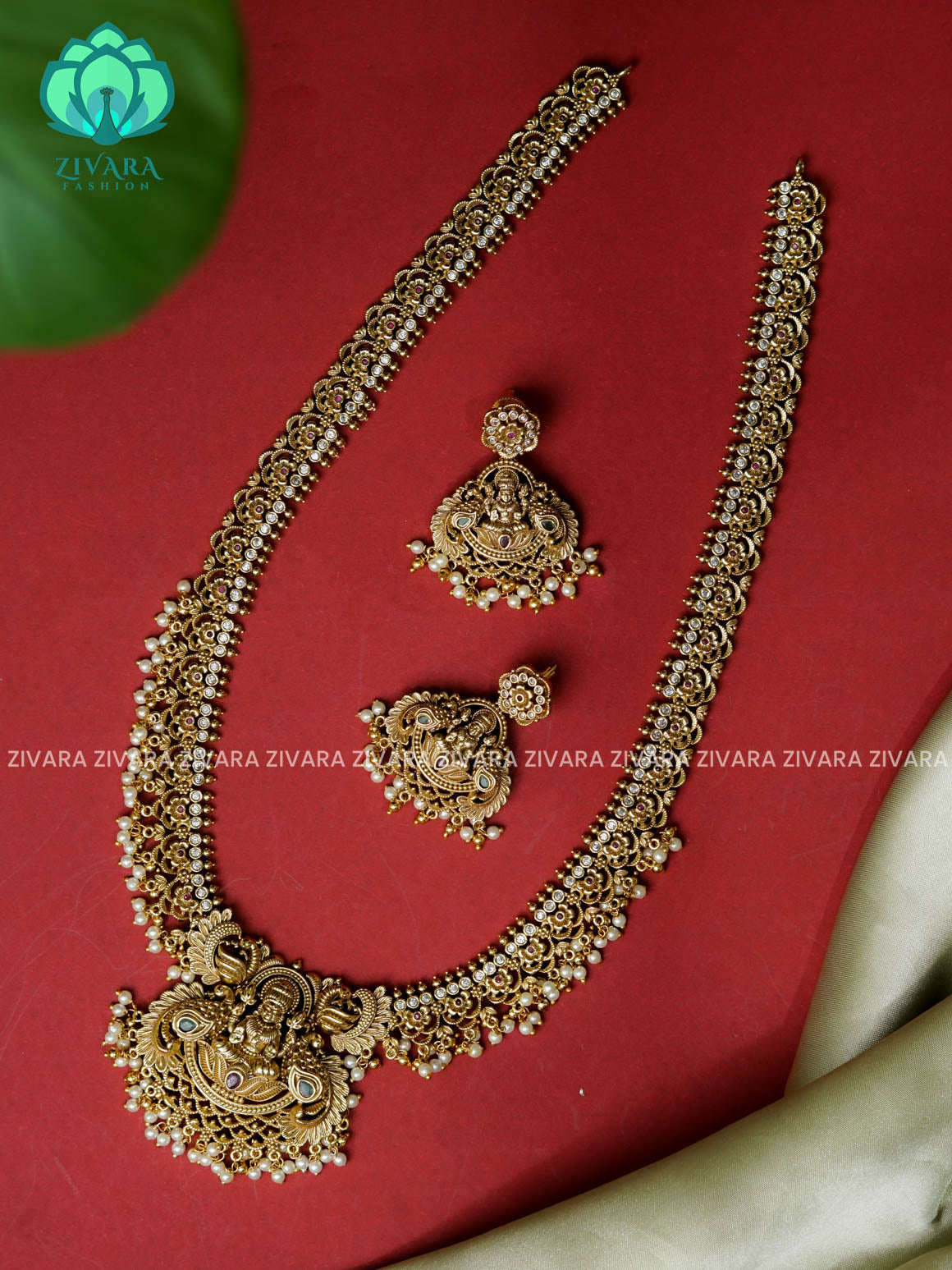 Gold look alike bridal - Traditional premium gold polish long haaram/neckwear with earrings- Zivara Fashion