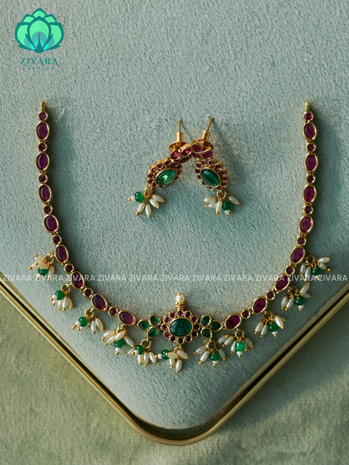 REAL KEMP OVAL PENDANT  - FLEXIBLE CHAIN WITH HANGING -Traditional south indian premium neckwear with earrings- Zivara Fashion- latest jewellery design