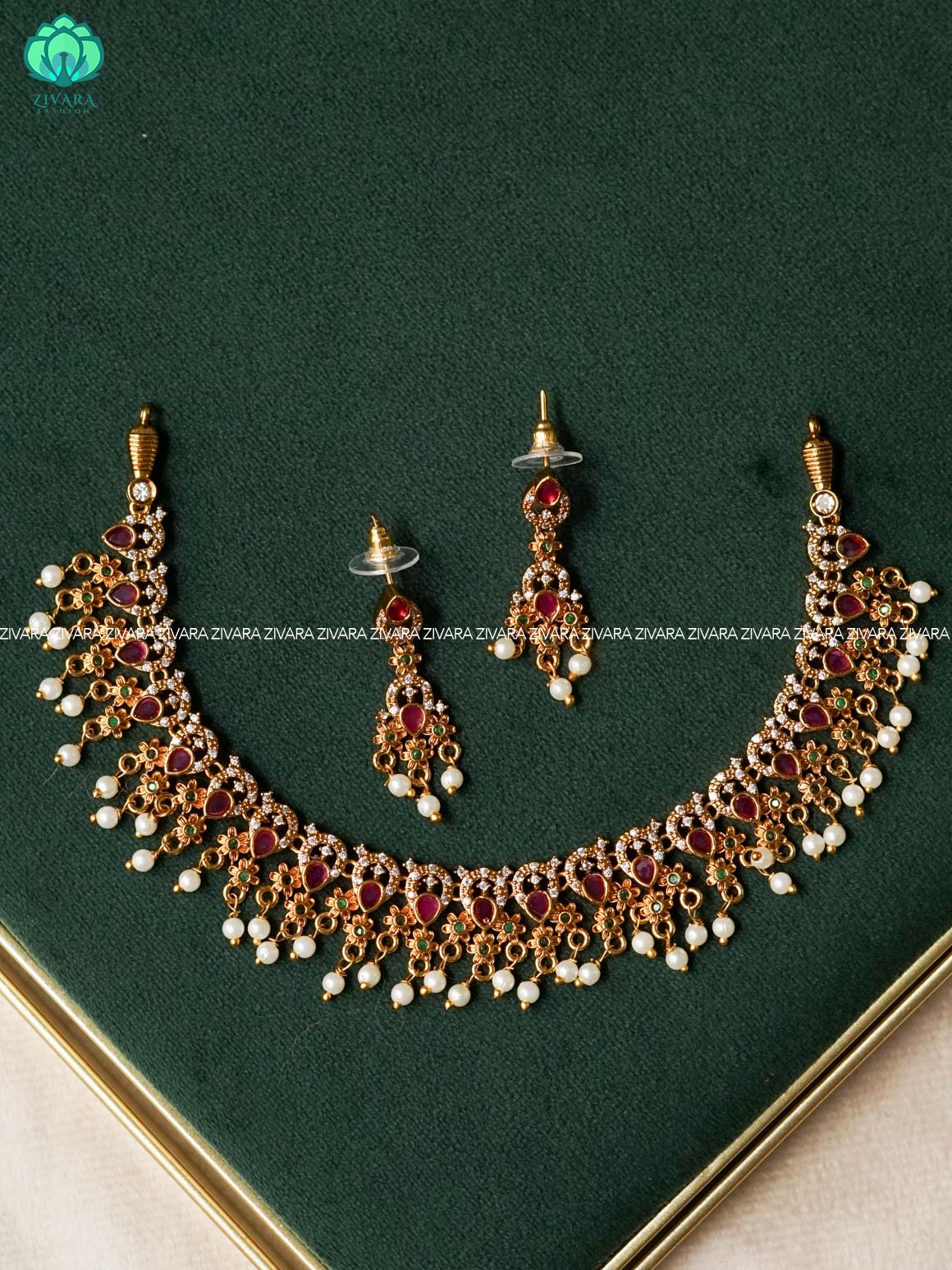 RUBY AND GREEN MOTIF FREE - Traditional premium neckwear with earrings- Zivara Fashion