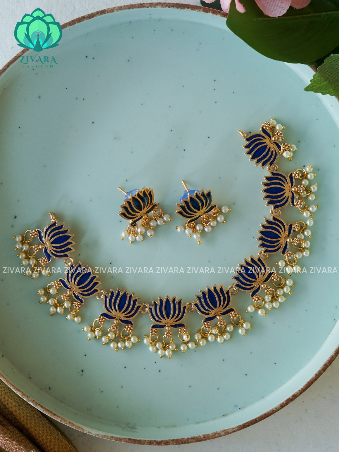 MANJU WARRIER  inspired DARK BLUE Trending NORMAL MATTE lotus enamel neckwear with earrings- Zivara Fashion- latest jewellery design
