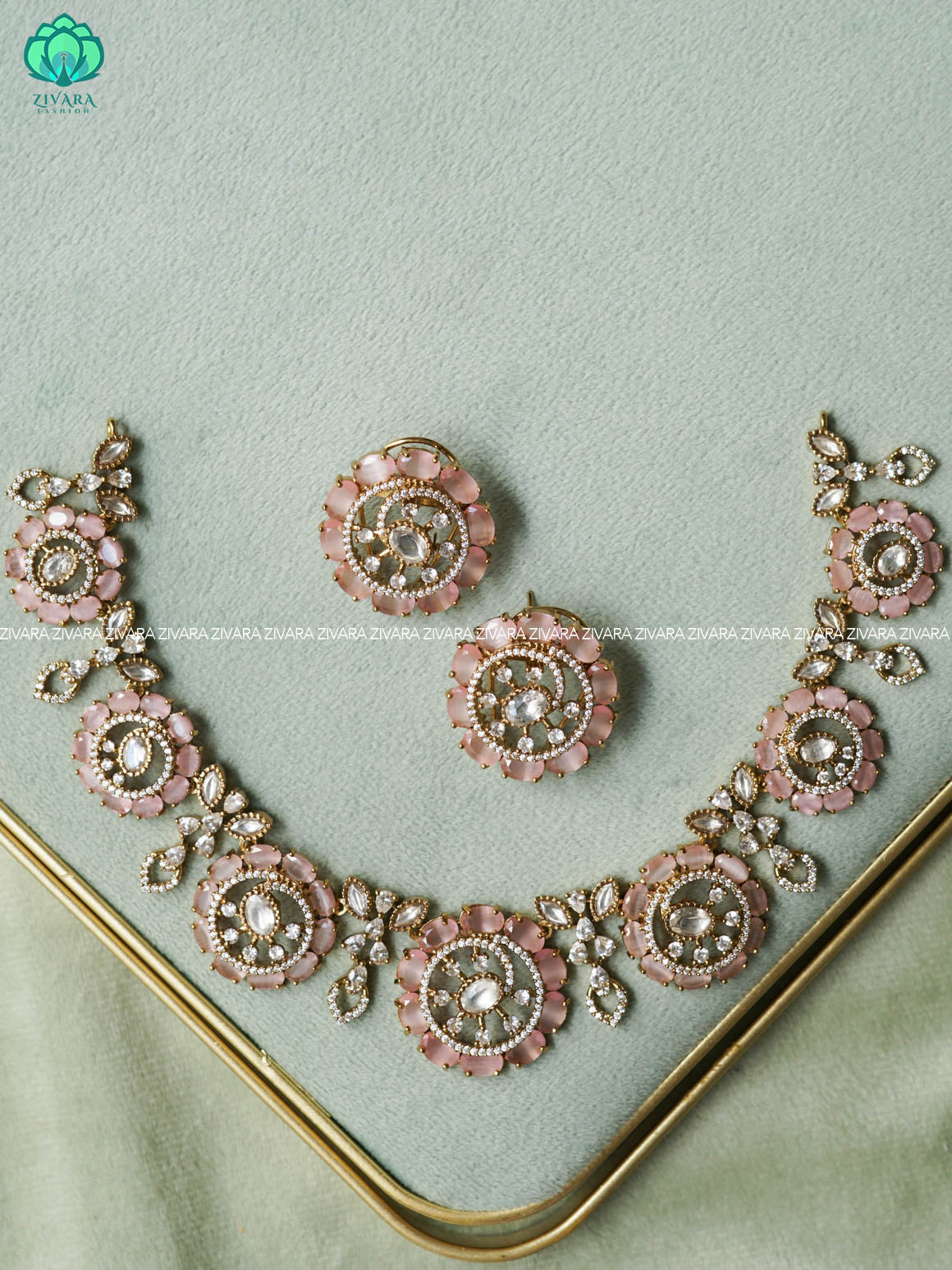 AKSHAYAM -PASTEL PINK ROUND BUTTA  NECKLACE-Traditional south indian premium neckwear with earrings- Zivara Fashion- latest jewellery design