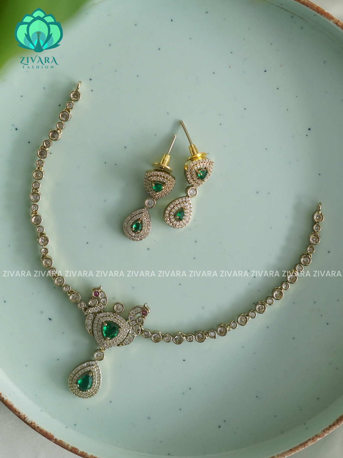 GREEN PEACOCK KIDS FRIENDLY SIMPLE WHITE  STONE - stylish and minimal elegant neckwear with earrings- Zivara Fashion
