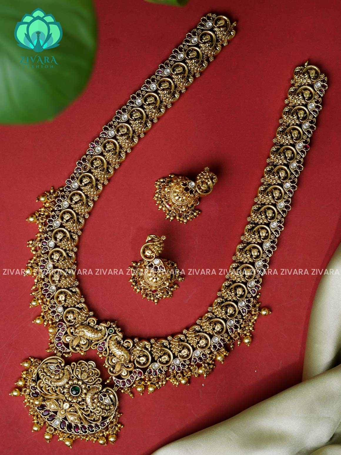 Vintage peacock bridal - Traditional premium gold polish long haaram/neckwear with earrings- Zivara Fashion