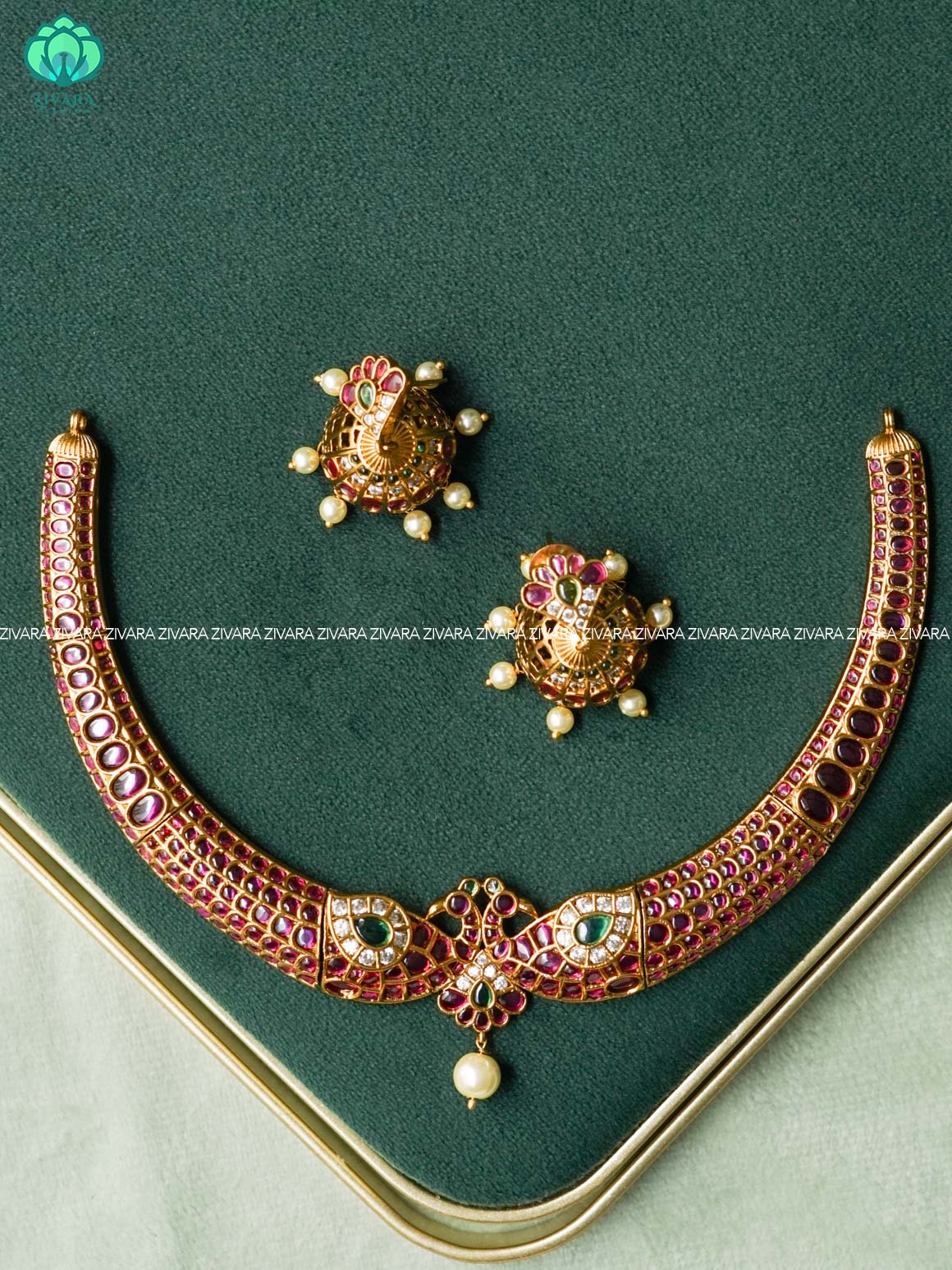 AKSHAYAM - REAL KEMP PEACOCK BRIDAL HASLI neckwear with earrings - Zivara Fashion