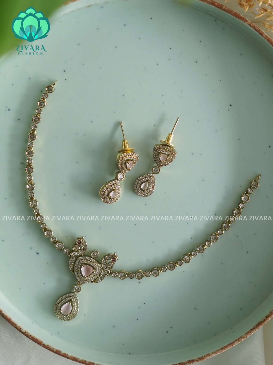 PINK PEACOCK KIDS FRIENDLY SIMPLE WHITE  STONE - stylish and minimal elegant neckwear with earrings- Zivara Fashion