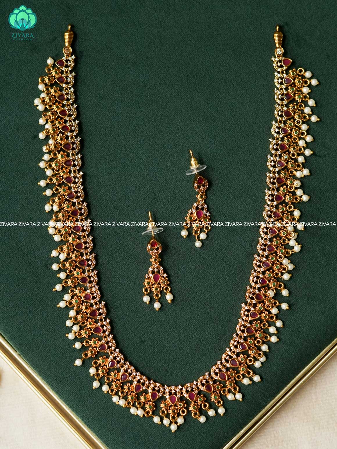 RUBY AND GREEN MOTIF FREE -  Traditional premium long haaram/neckwear with earrings- Zivara Fashion