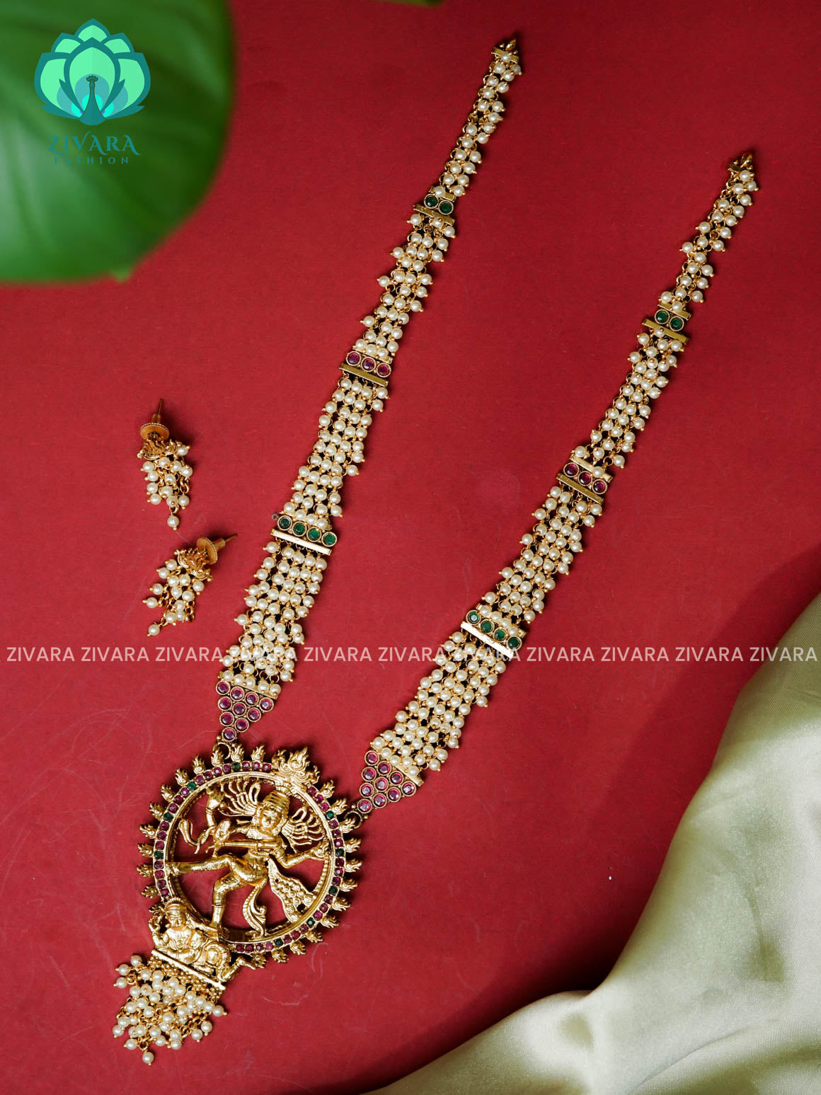 Temple nataraja pendant matte pearl cluster - Traditional PREMIUM MATTE polish MIDCHEST haaram/neckwear with earrings- Zivara Fashion