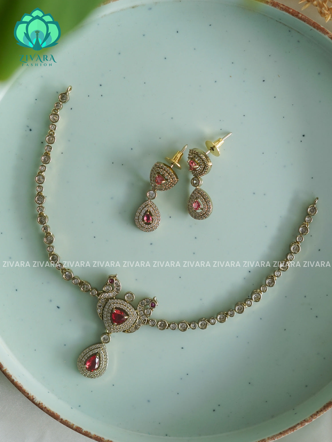 RUBY PEACOCK KIDS FRIENDLY SIMPLE WHITE  STONE - stylish and minimal elegant neckwear with earrings- Zivara Fashion