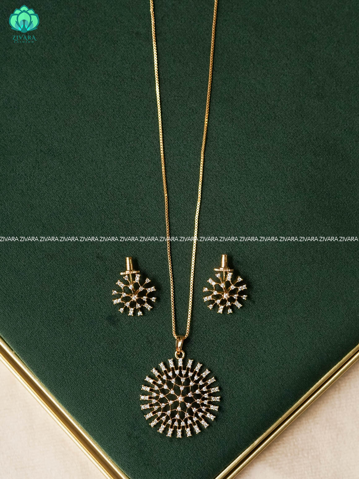 Zyra- Diamond replica Rhodium with gold polish-pendant set with earrings  -Trending office wear jewellery-Zivara fashion