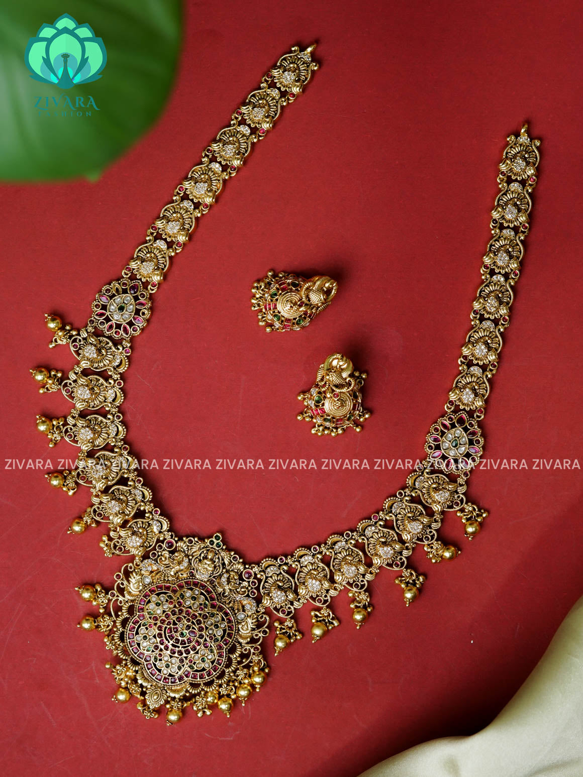 Vintage flower bridal - Traditional premium gold polish long haaram/neckwear with earrings- Zivara Fashion