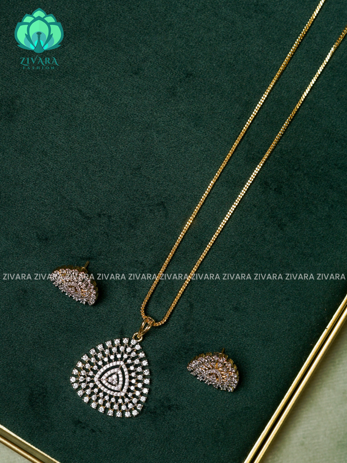 Zyra- Diamond replica Gold polish-pendant set and earrings  -Trending office wear jewellery-Zivara fashion