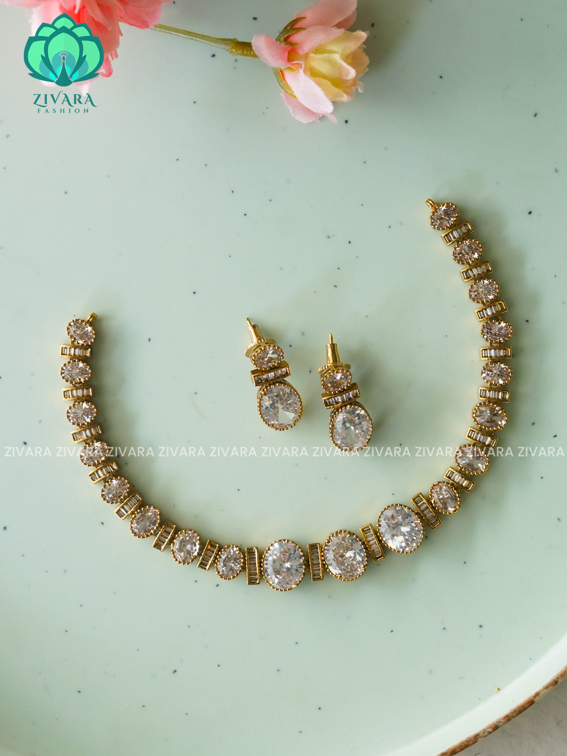 WHITE OVAL  - DARK POLISH stylish and minimal elegant neckwear with earrings- Zivara Fashion