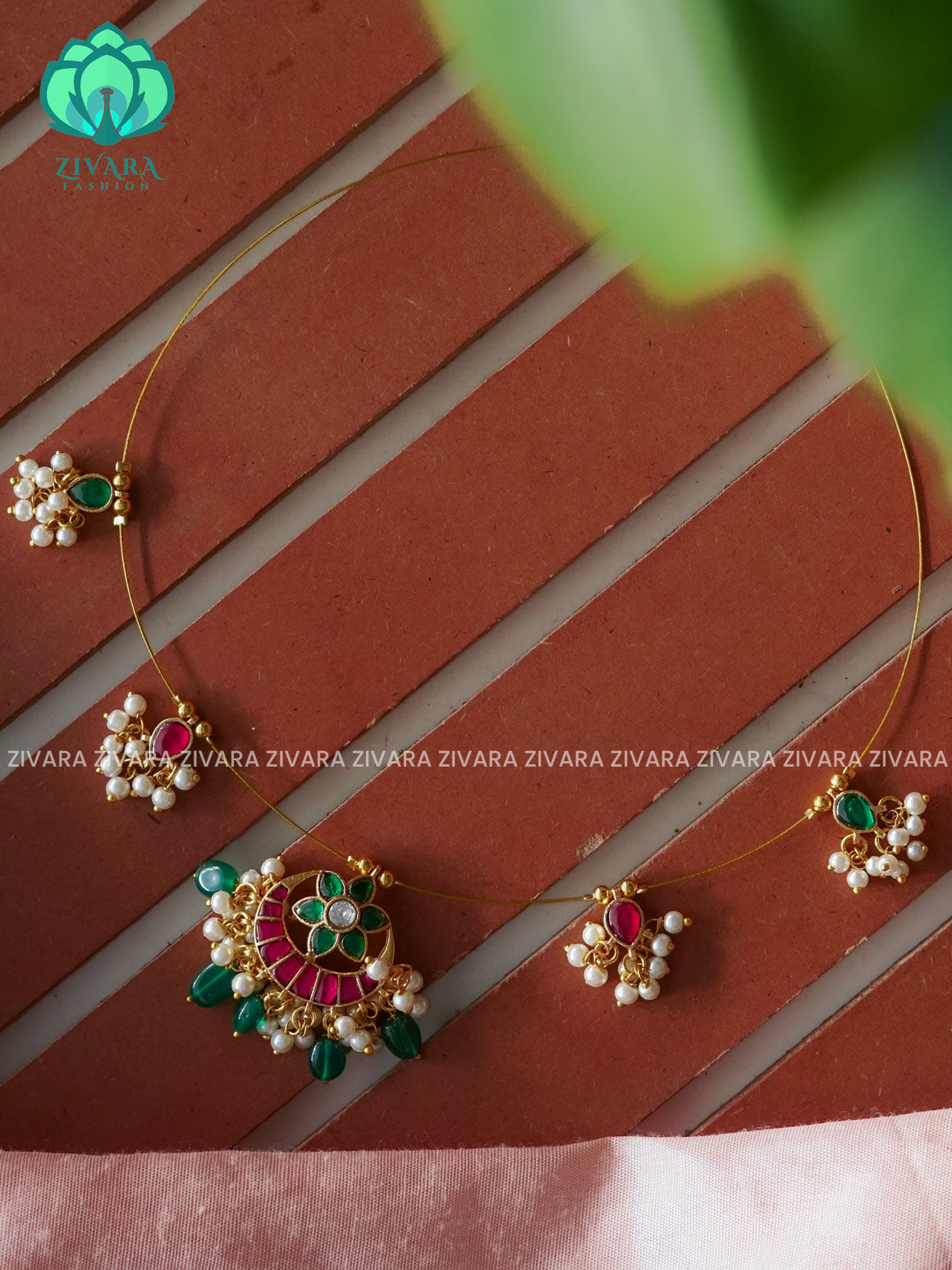 RUBY AND GREEN MOON JADAU TAMARA INVISIBLE MINIMAL ELEGANT HANDMADE NECKLACE WITH BRILLIANT FINISH MOTIFS- ZIVARA FASHION