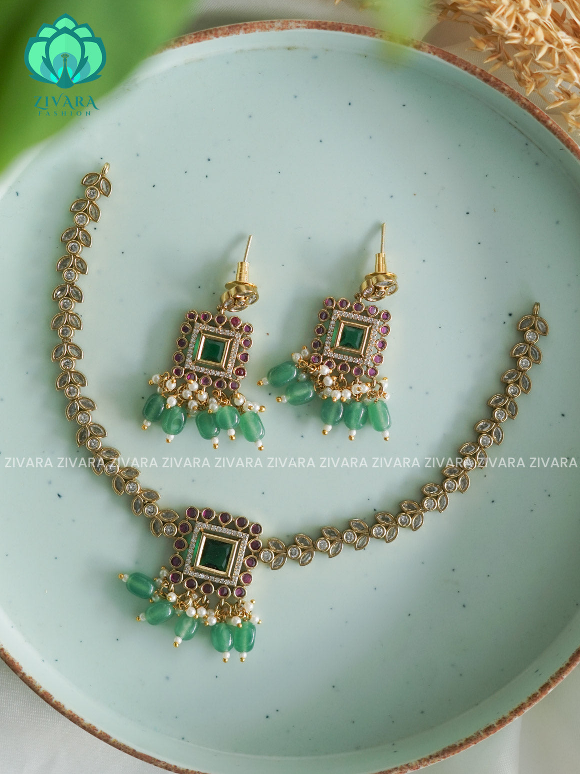 GREEN BEADS SQUARE - Bridal real kemp stone moon -Traditional south indian premium neckwear with earrings- Zivara Fashion- latest jewellery design