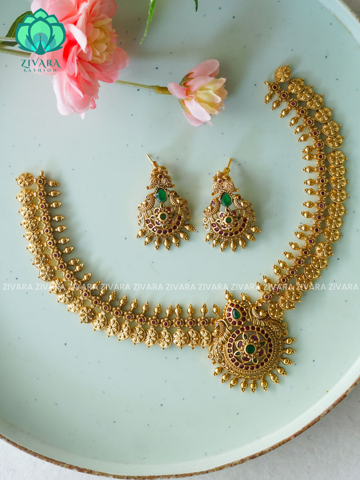 REAL KEMP- Traditional south indian premium neckwear with earrings- Zivara Fashion- latest jewellery design
