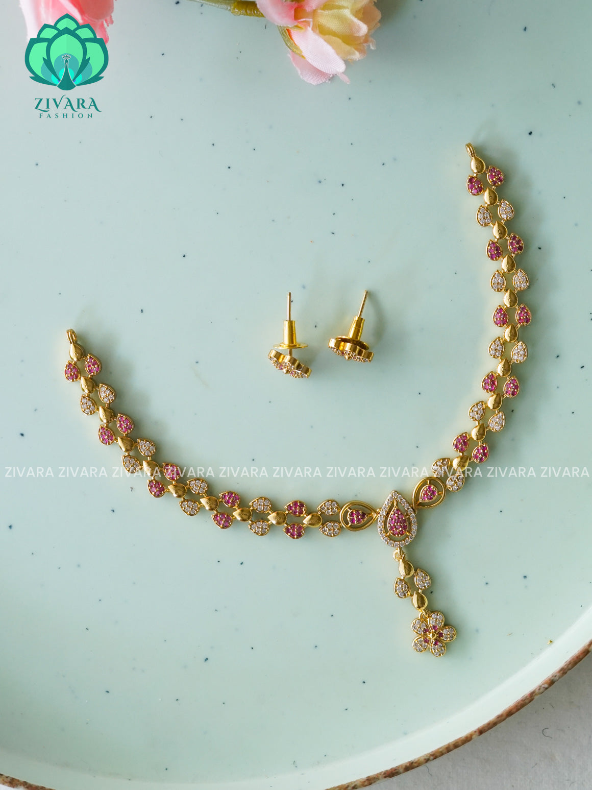 Kanya - RUBY AND WHITE STONE DIAMOND REPLICA - SUBTLE POLISH stylish and minimal elegant neckwear with earrings- Zivara Fashion