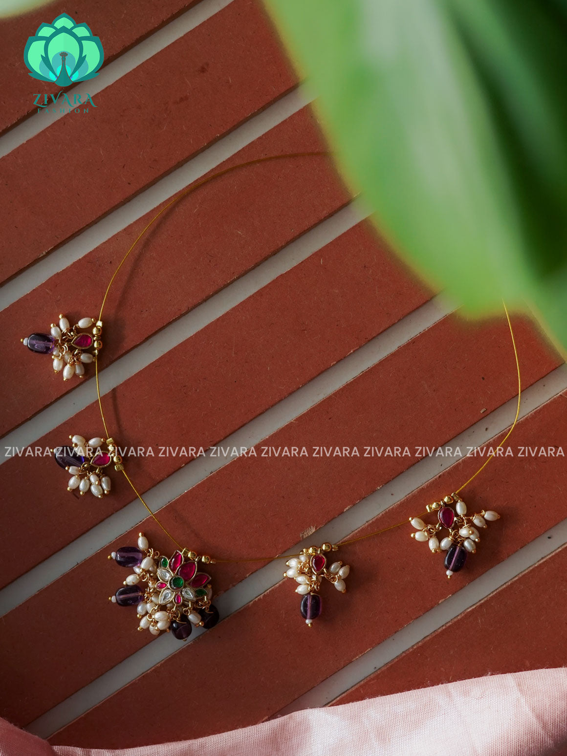PURPLE BEADS  - FLOWER TAMARA INVISIBLE MINIMAL ELEGANT HANDMADE NECKLACE WITH BRILLIANT FINISH MOTIFS- ZIVARA FASHION