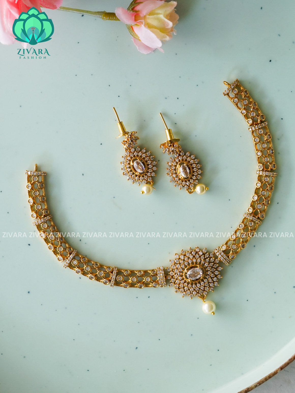 WHITE FLORAL STONE ELEGANT HASLI  -PREMIUM SUBTLE GOLD FINISH  stylish and minimal elegant neckwear with earrings- Zivara Fashion