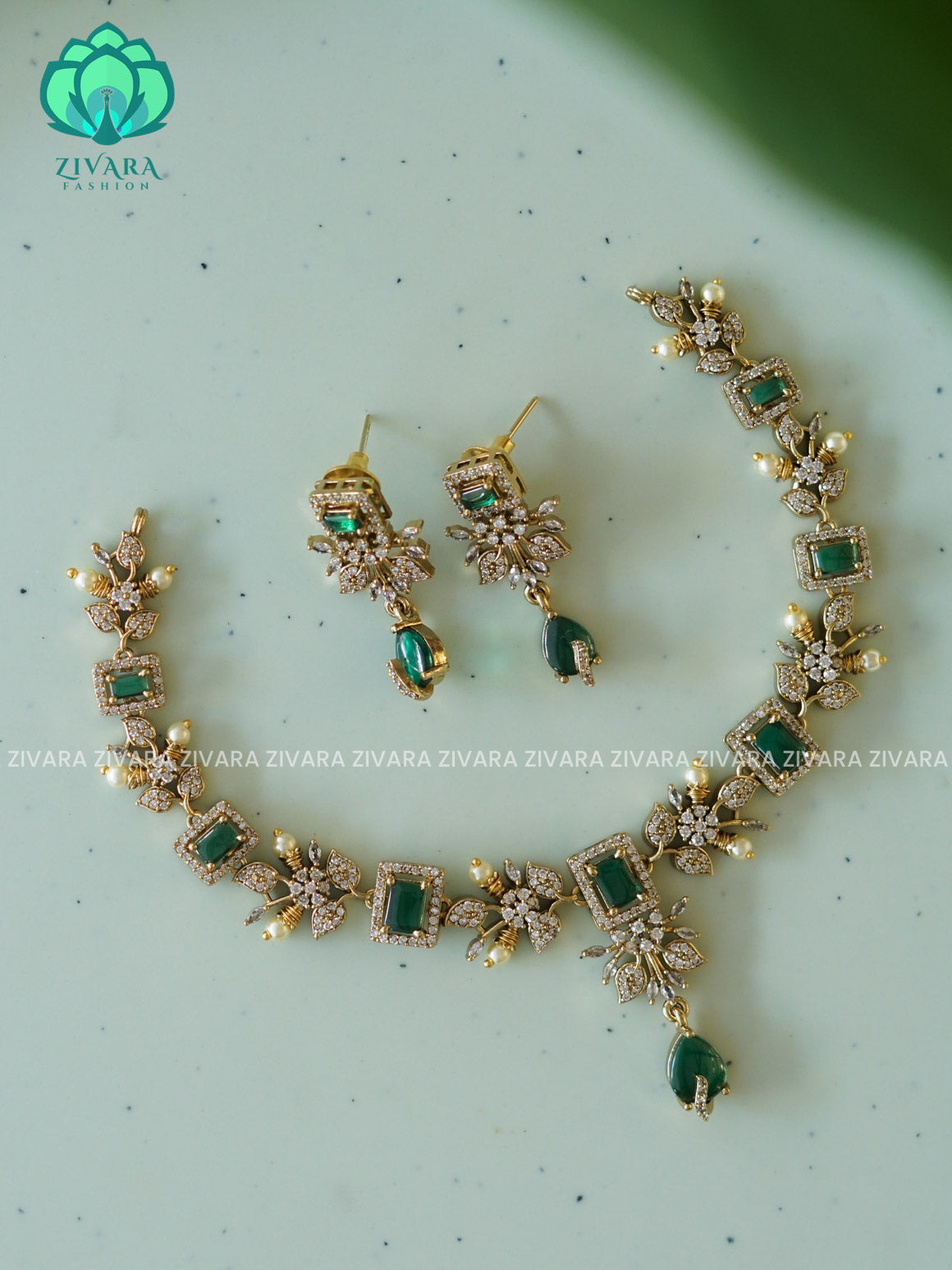 GREEN - FLORAL- SUBTLE GOLD FINISH MINIMAL ELEGANT NNECKWEAR - Zivara Fashion- latest jewellery design