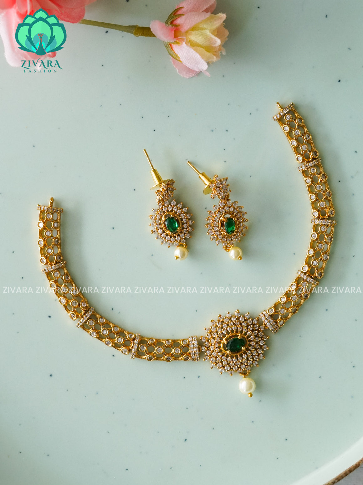 GREEN FLORAL STONE ELEGANT HASLI  -PREMIUM SUBTLE GOLD FINISH  stylish and minimal elegant neckwear with earrings- Zivara Fashion