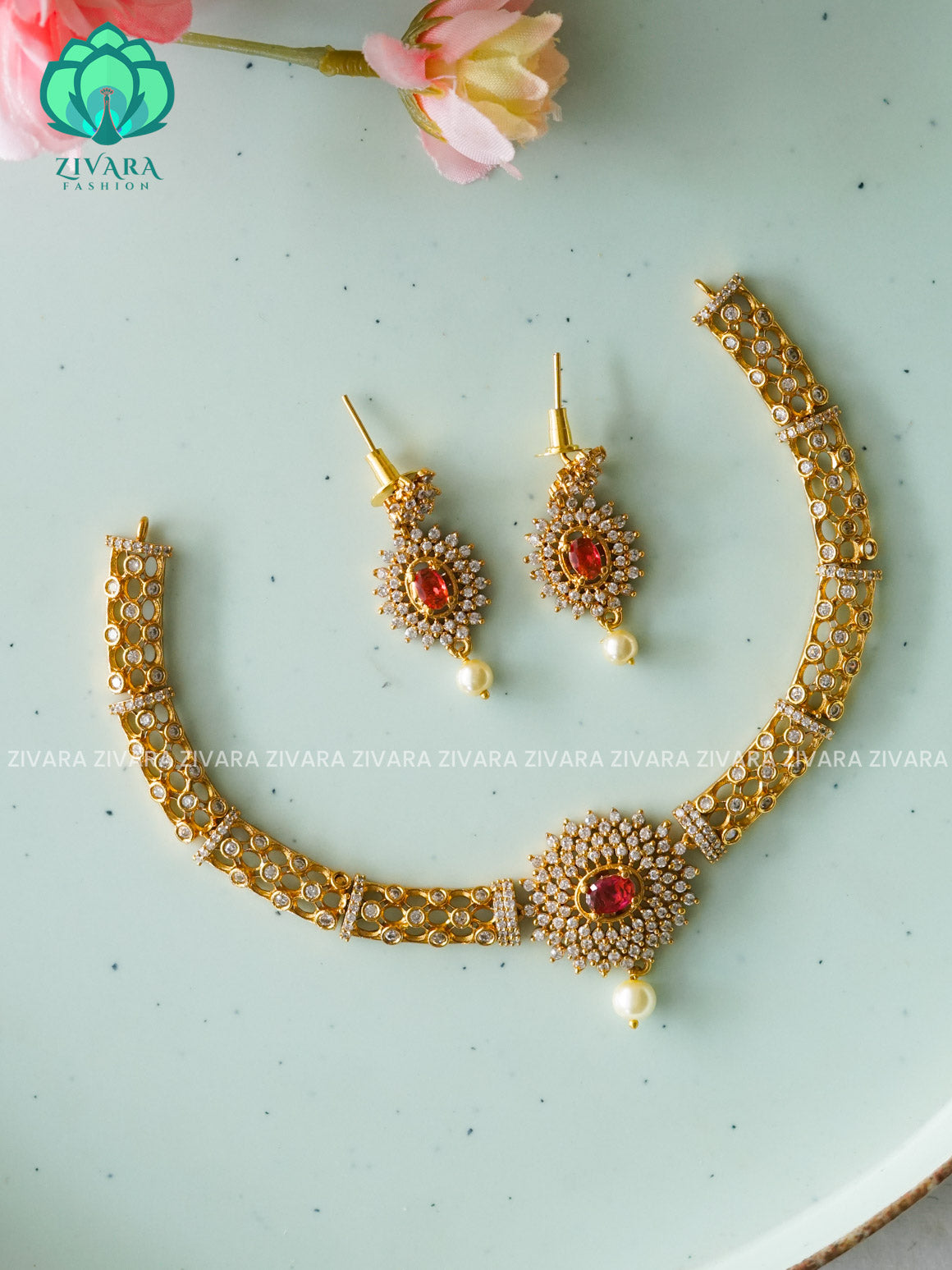 RUBY FLORAL STONE ELEGANT HASLI  -PREMIUM SUBTLE GOLD FINISH  stylish and minimal elegant neckwear with earrings- Zivara Fashion