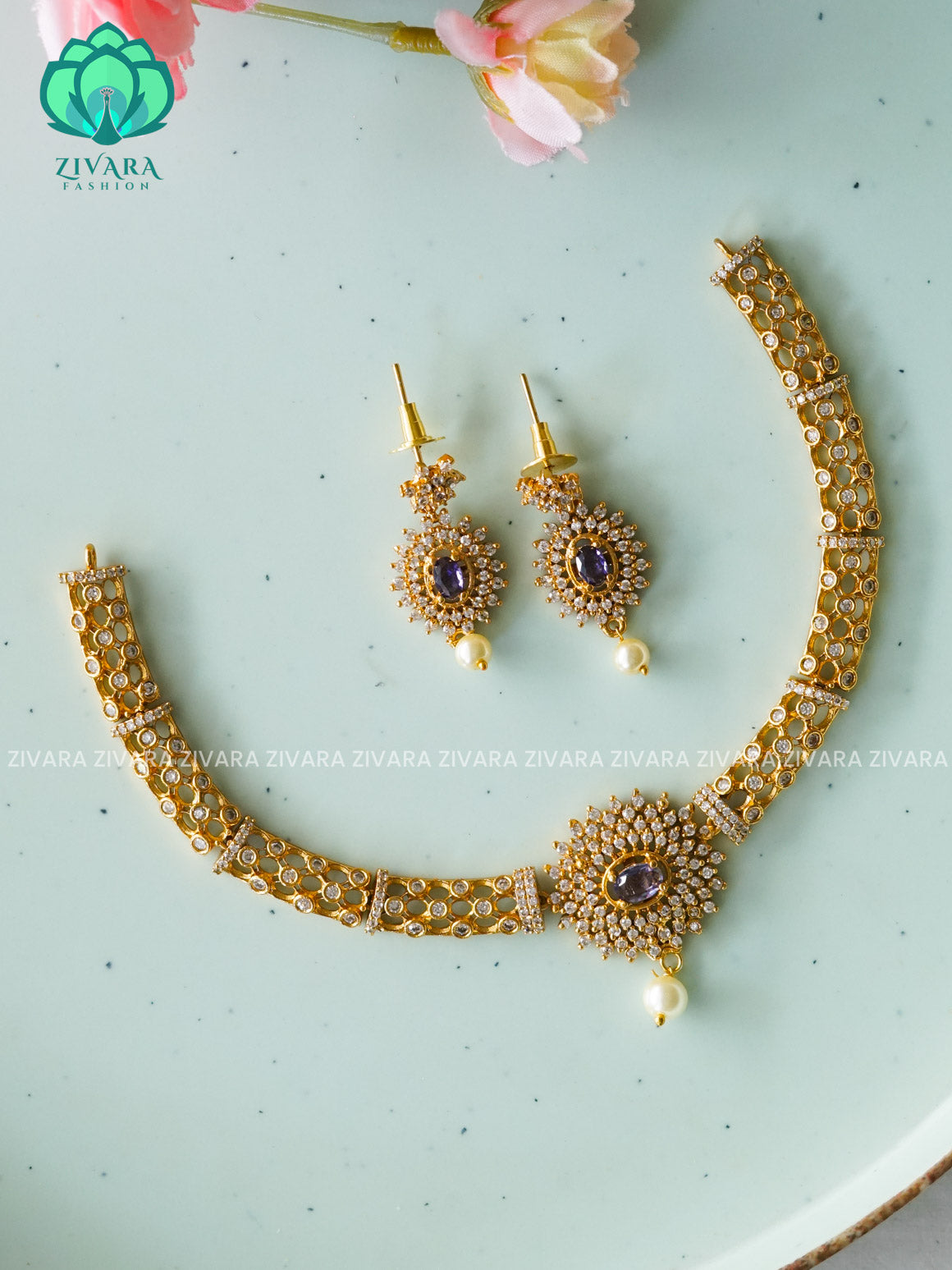 PURPLE FLORAL STONE ELEGANT HASLI  -PREMIUM SUBTLE GOLD FINISH  stylish and minimal elegant neckwear with earrings- Zivara Fashion