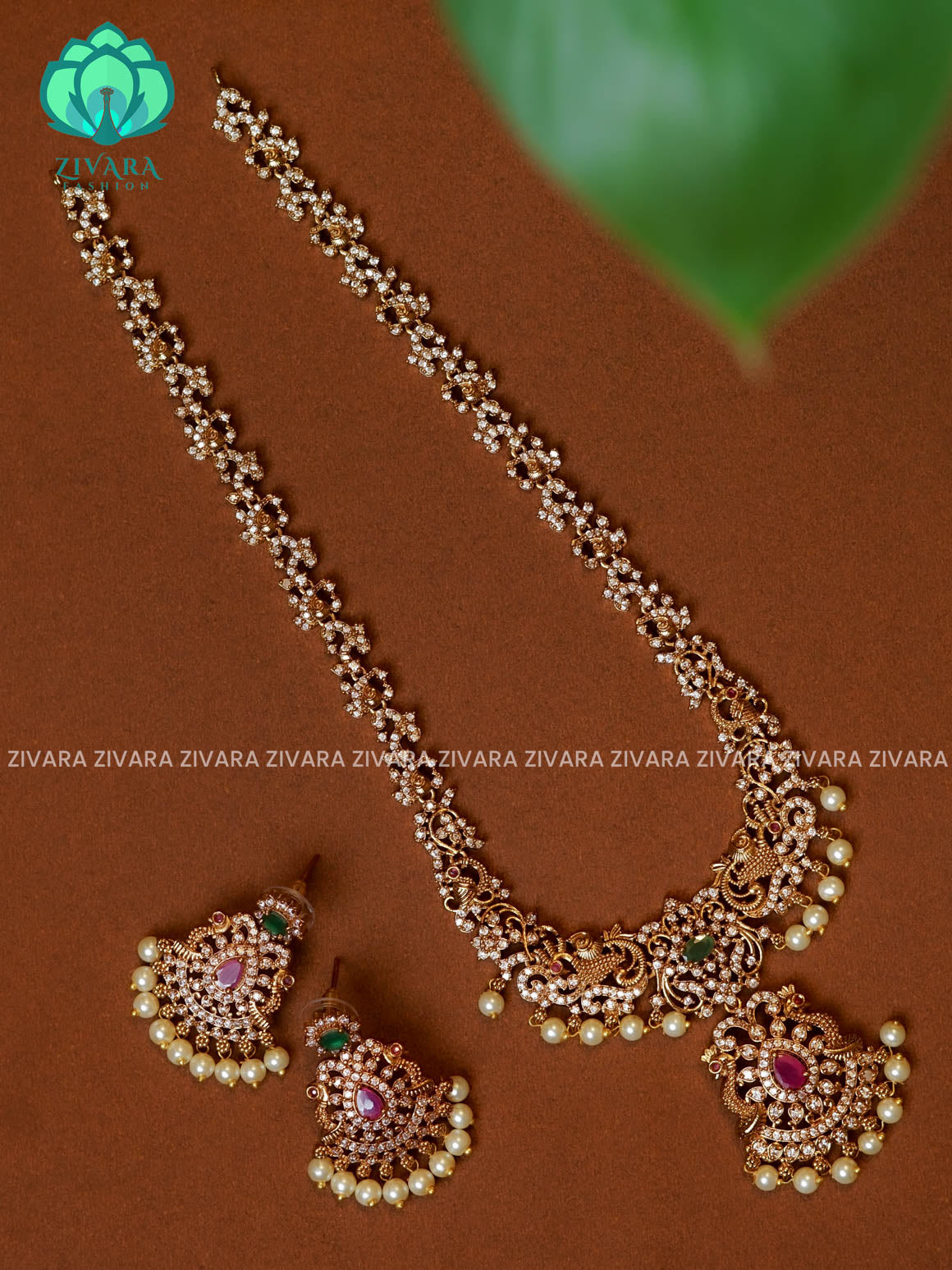 DOUBLE PEACOCK BRIDAL   - Traditional PREMIUM MATTE polish haaram/neckwear with earrings- Zivara Fashion