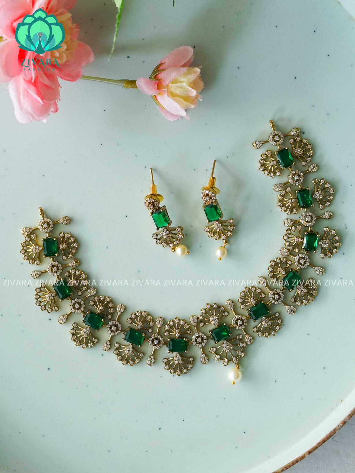 GREEN -DARK FINISH - Trending  stylish and minimal elegant neckwear with earrings- Zivara Fashion