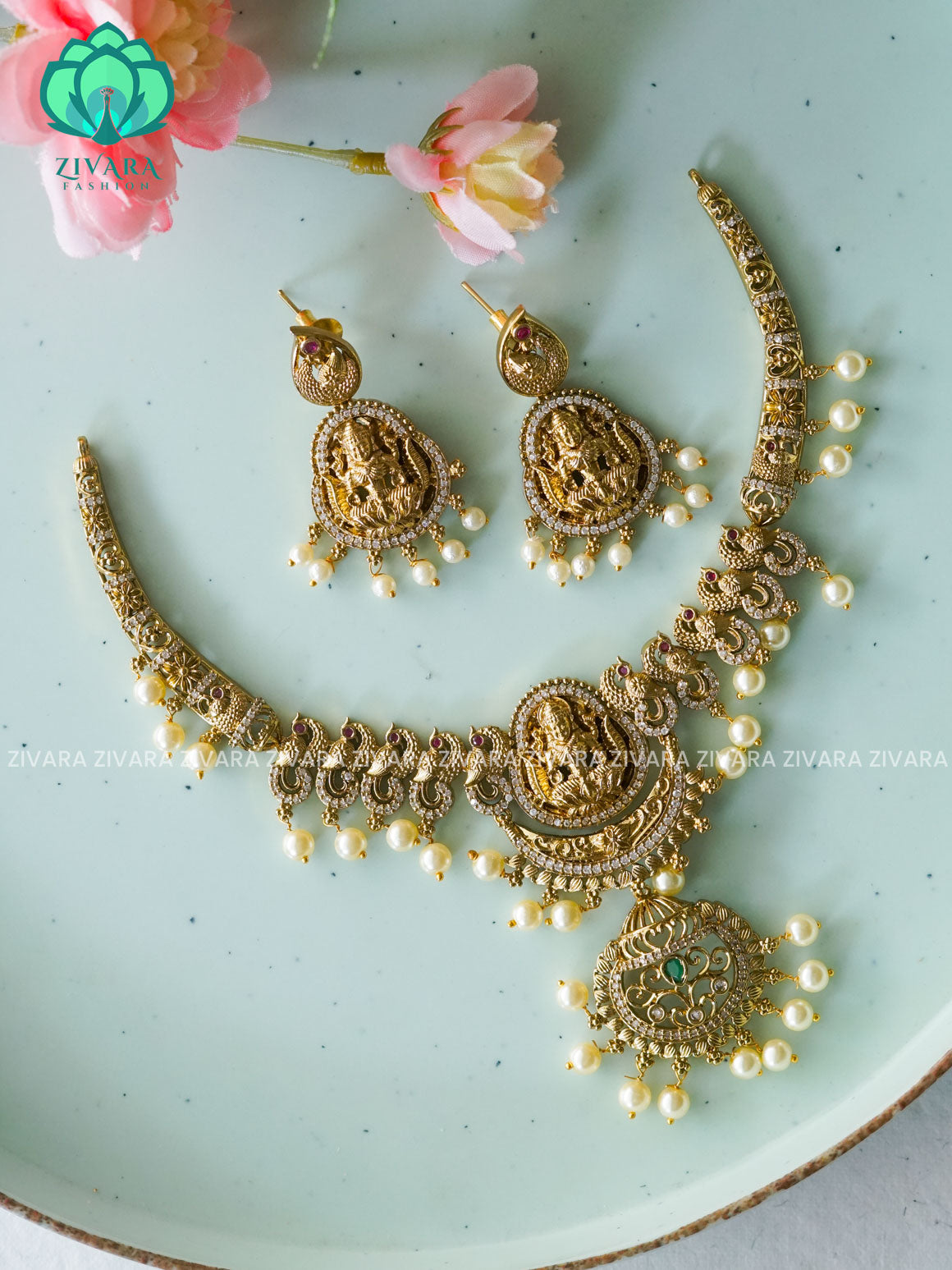 VINTAGE FINISH  TEMPLE BRIDAL HASLI  NECK WEAR WITh EARRINGS   - Premium quality CZ Matte collection-south indian jewellery