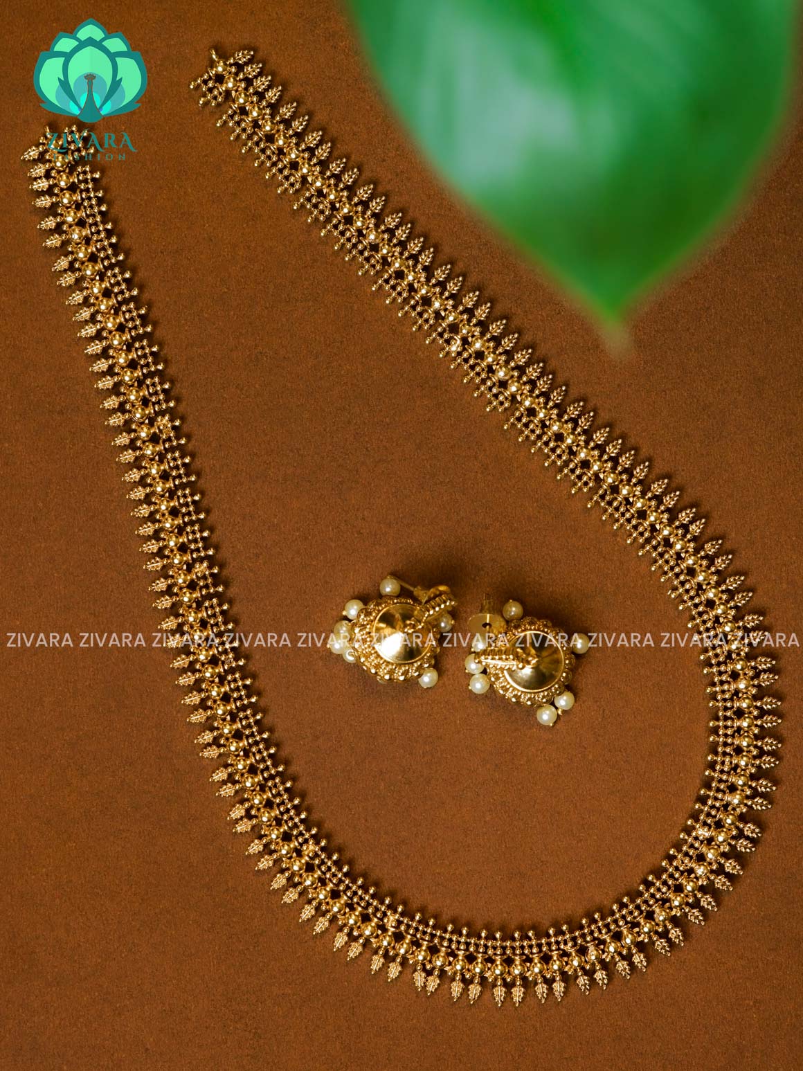 NO STONE MULLAI - Traditional PREMIUM MATTE polish MIDCHEST haaram/neckwear with earrings- Zivara Fashion