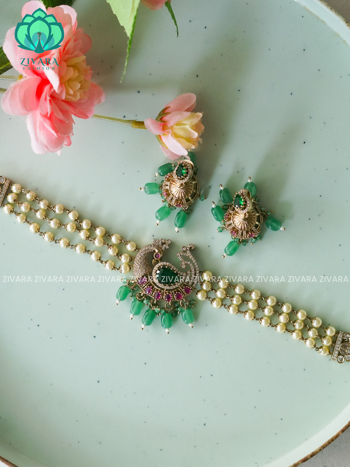 GREEN - DARK FINISH PEACOCK  -KIDS FRIENDLY TRADITIONAL CHOKER COLLECTION WITH EARRINGS- LATEST JEWELLERY COLLECTION