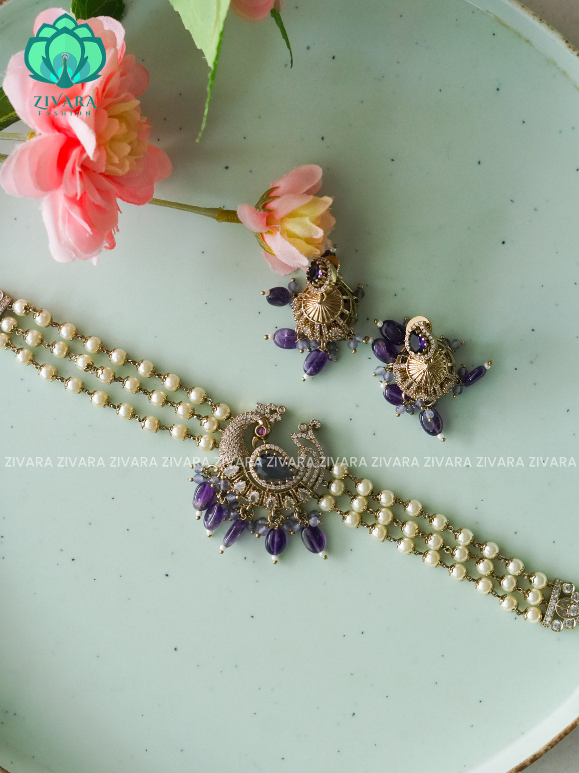 PURPLE  - DARK FINISH PEACOCK  -KIDS FRIENDLY TRADITIONAL CHOKER COLLECTION WITH EARRINGS- LATEST JEWELLERY COLLECTION