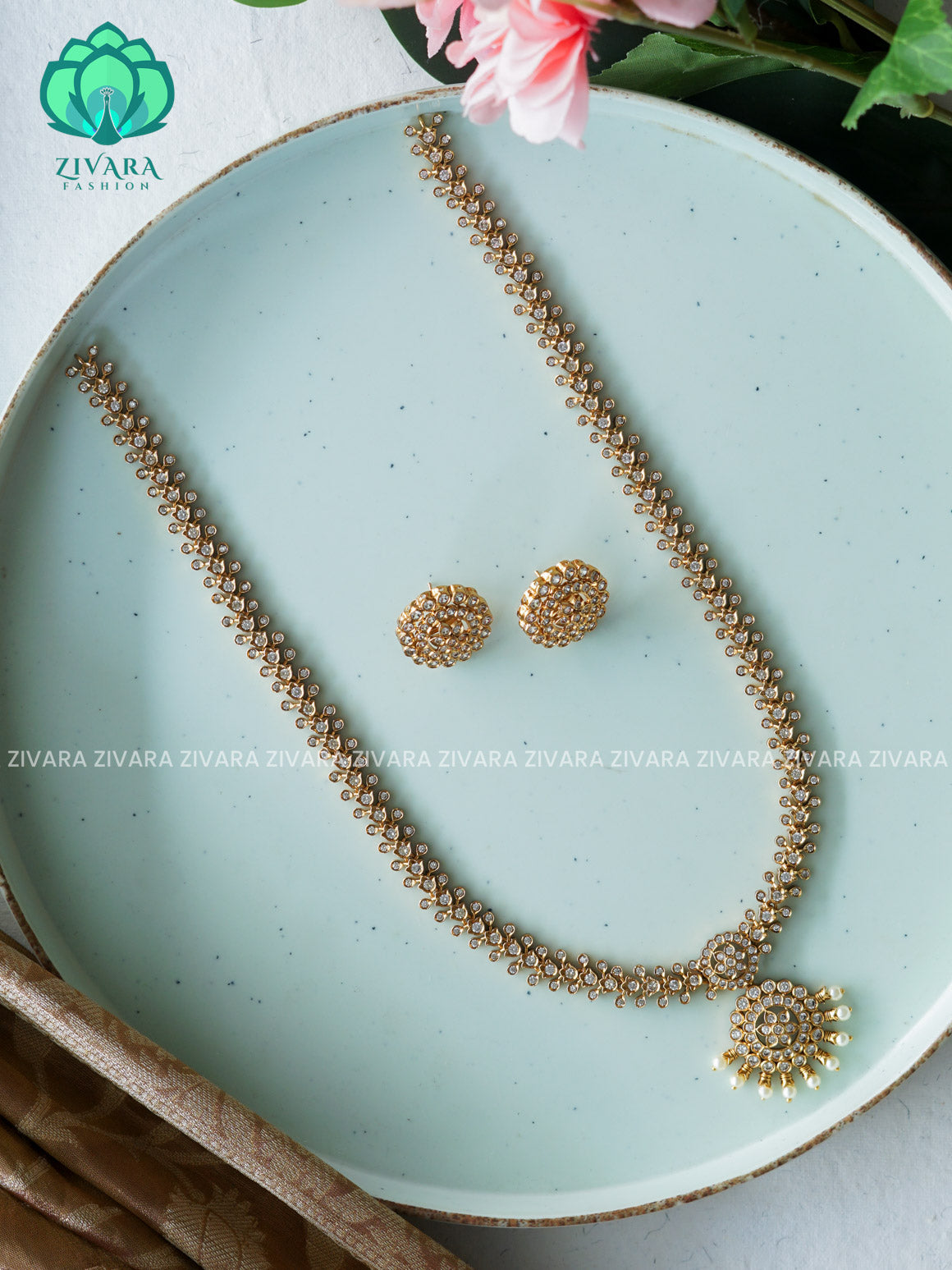 WHITE STONE  ELEGANT  - Traditional PREMIUM MATTE polish MIDCHEST haaram/neckwear with earrings- Zivara Fashion