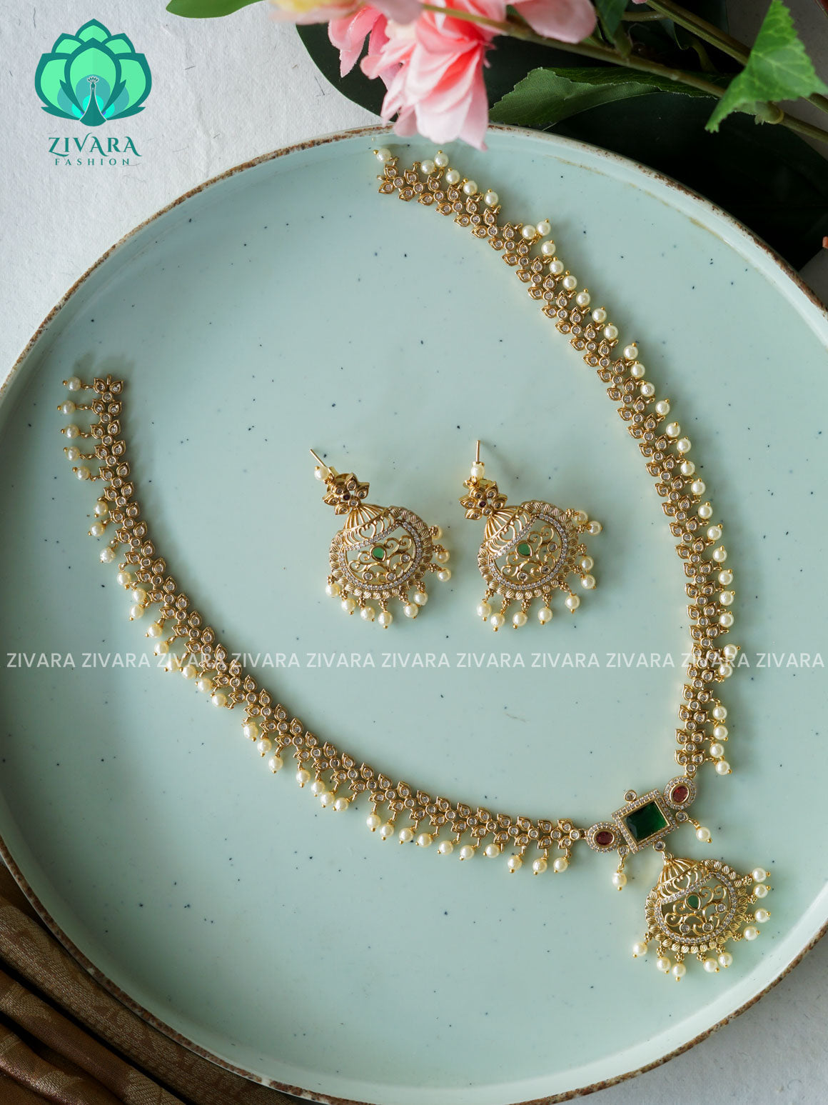 WHITE STONE  MIDCHEST neckwear with earrings- CZ Matte Finish- Zivara Fashion