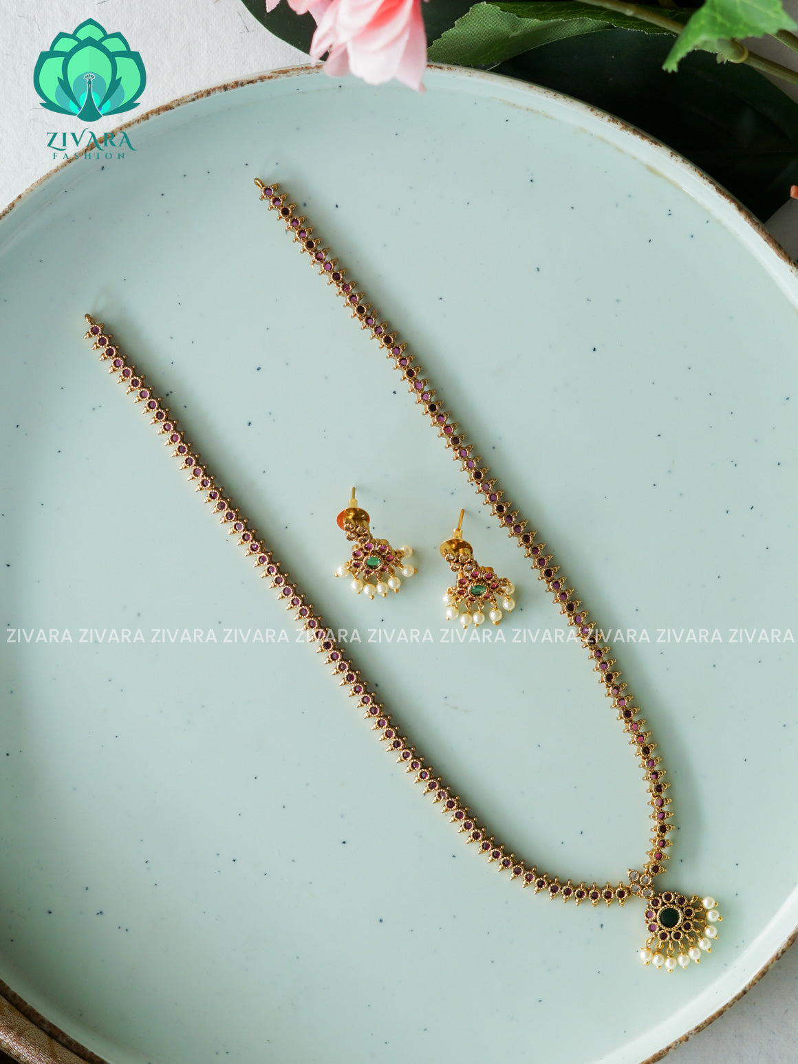 Simple attigai model MIDCHEST neckwear with earrings- CZ Matte Finish- Zivara Fashion
